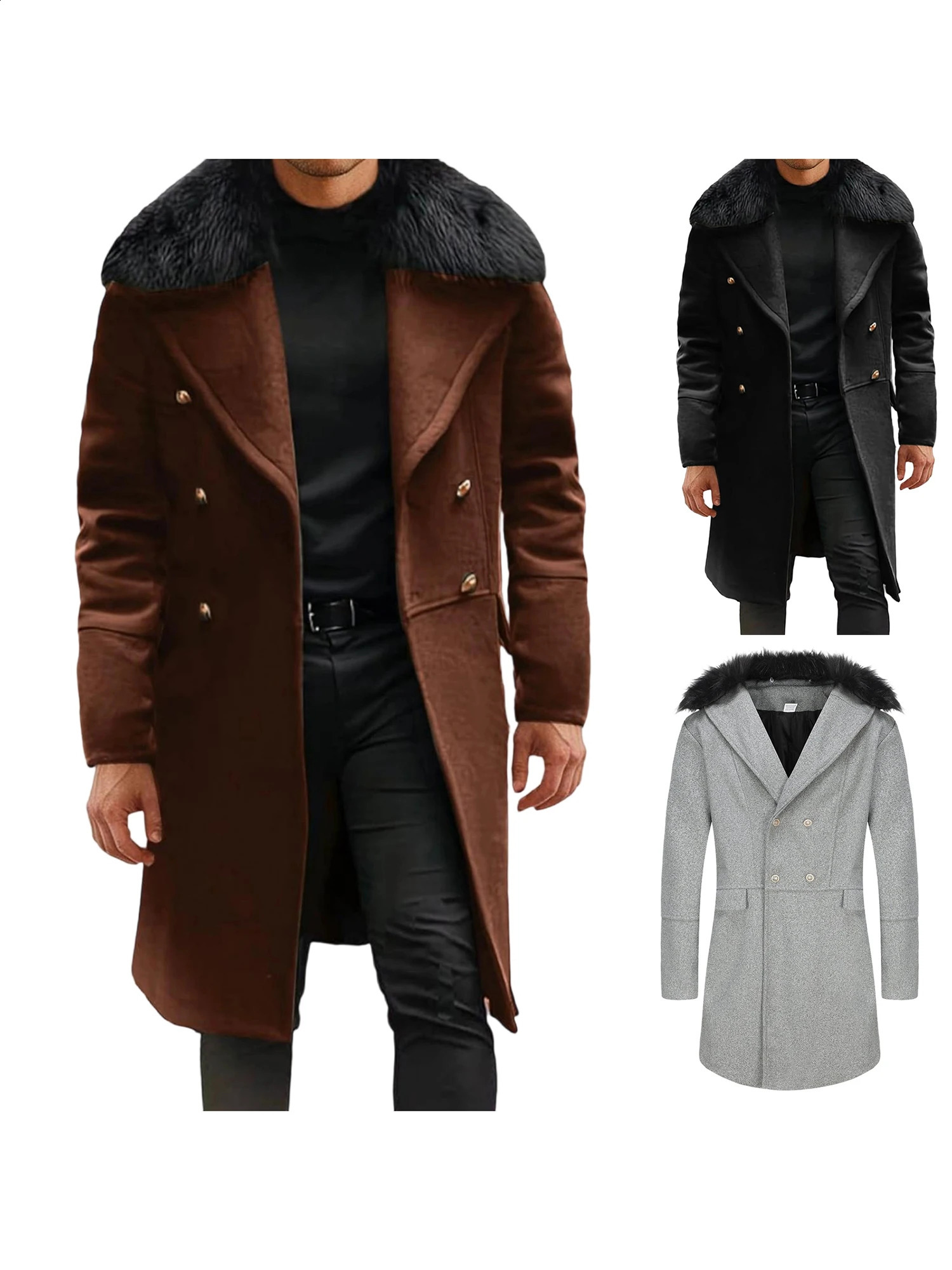 Men s Classic Double Breasted Trench Coat with Removable Fur Collar MidLength Wool Blend Overcoat for Winter Warmth 251015