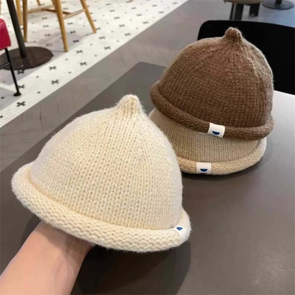 Cute Solid Color Autumn Winter Childrens Cap Warm Soft Brimless Hat Knitted Melon Cap for 15Y BabyL251024