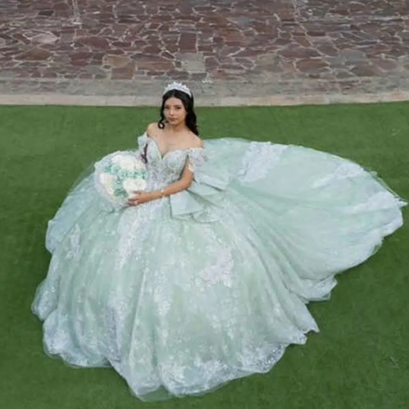 Light Green Glitter Crystal Sequined Quinceanera Dresses Ball Gown Beading Appliques Lace Sweet 15 Anos Mexican