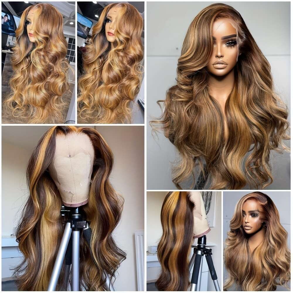 225% Density Ombre Highlight Hair Wigs Glueless Front Pre Plucked Honey Blonde 13X4 HD Lace Frontal Body Wave Loose Curly Human Air Wig 4/27 Easy Wear
