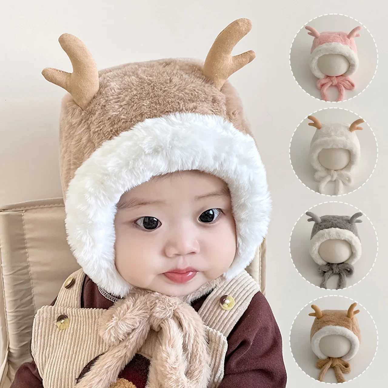 Cute Elk Baby Christmas Hat Winter Thick Faux Fur Beanie Cap for Toddler Boy Girl Outdoor Warm Plush Protection CapL251024