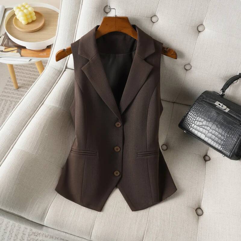 Brown Suit Vest for Women Spring and Autum Short Single-Breasted Slim Workplace Elegant Sleeveless Top Jacket dongdumaoyi