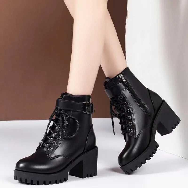 Winter Womens Boots 2025 New Lace Up Boots for Womens Fashion Thick Heel Side Zipper Ankle Boots Warm Female Motorcycle Shoes W251024
