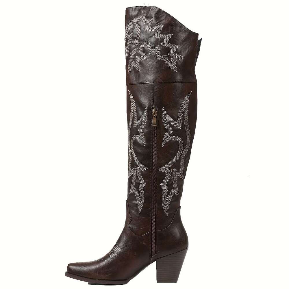 Cowgirl Western Knee High With Embroidery, Pointed Toe And Chunky Heel, Zipper Boots, Retro Outdoor Cowboy Boots For Women