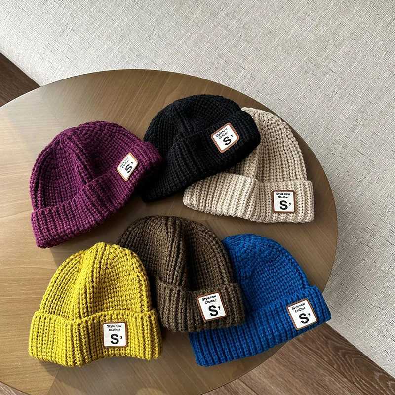 Letter S Baby Beanie Cap Winter Warm Wool Knitted Hat for Toddler Boy Girl Korean Solid Color Kids Brimless HatsL251024