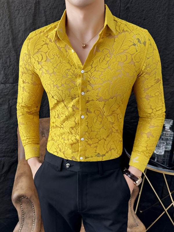 Quality Hollow Shirts For Men Korean Clothing Fashion Sexy Lace Mens Social Shirt Dress Slim Fit Long Sleeve Prom Tuxedo 250304