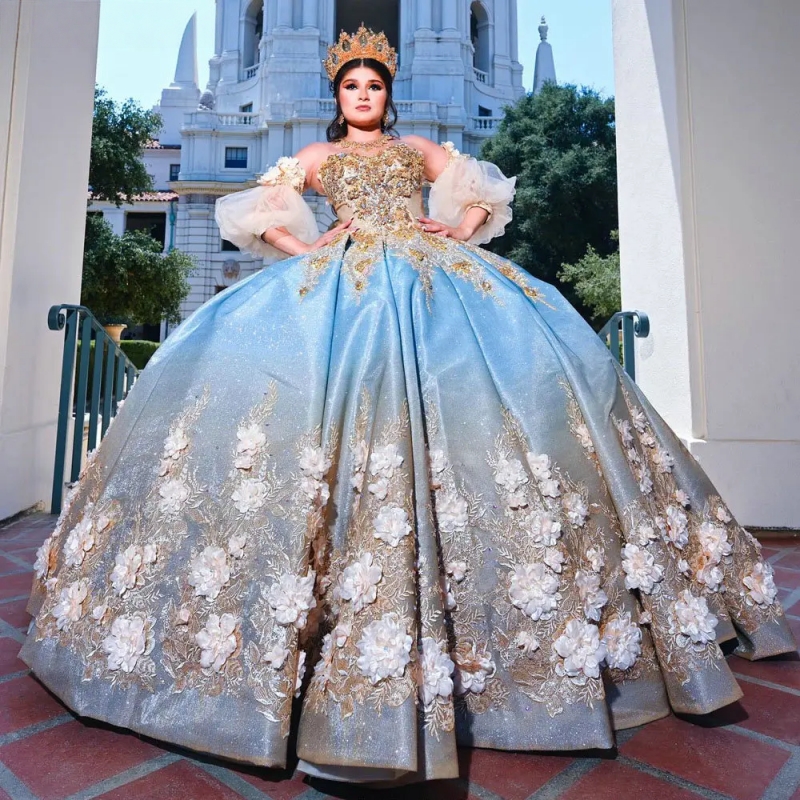 Light Blue Detachable Sleeve Quinceanera Dresses Ball Gown Gold 3D Flowers Appliques Lace Sweet 15 Anos Mexican