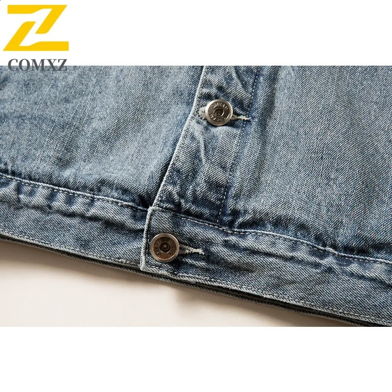 COMXZ Mens Cotton Denim Jacket Vintage Street Fashion Blue Washed Jackets Premium Y2k Harajuku Style Spring Autumn Coat 251017