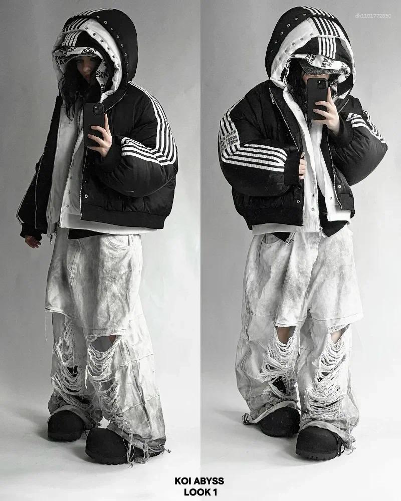 Women's Jackets Harajuku Street Hip Hop Striped Loose Zipper Jacket Warm Cotton-padded Goth Fashion Personality For Men And Women