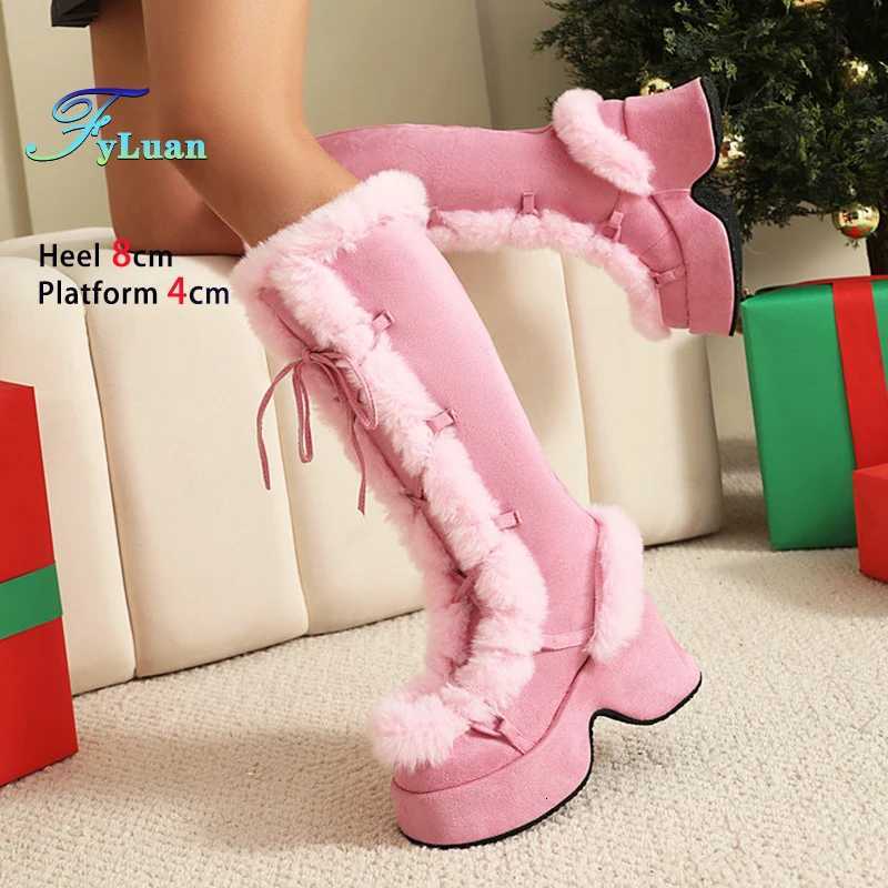 8CM Chunk Heels Winter Warm Knee High Boots Women Snow Short Plush Platform Boots Faux Fur Cosplay Laceup Long Shoes Size 3443 W251024