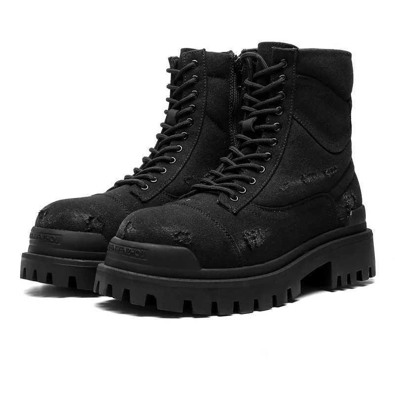 Autumn Winter Hightop Motorcycle Boots for Men Laceup Dotheold Thick Bottom Short Ankle Boots with Zipper Man Black Boots W251024