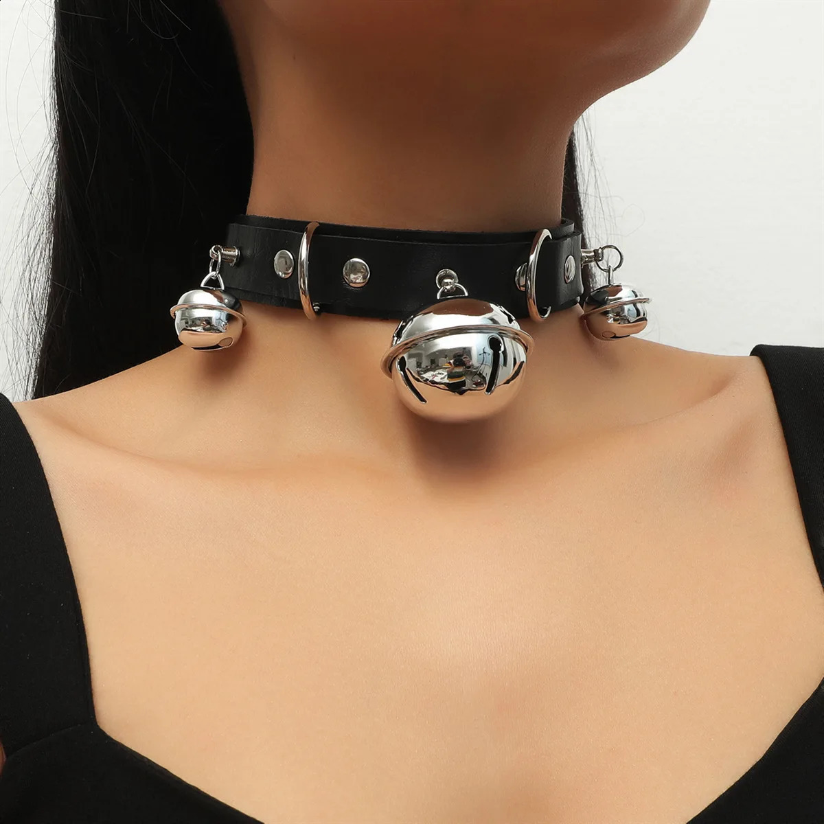 Punk Fashion Harajuku Exaggerated Sexy PU Leather Collar Distinctive Bell Necklace 251023