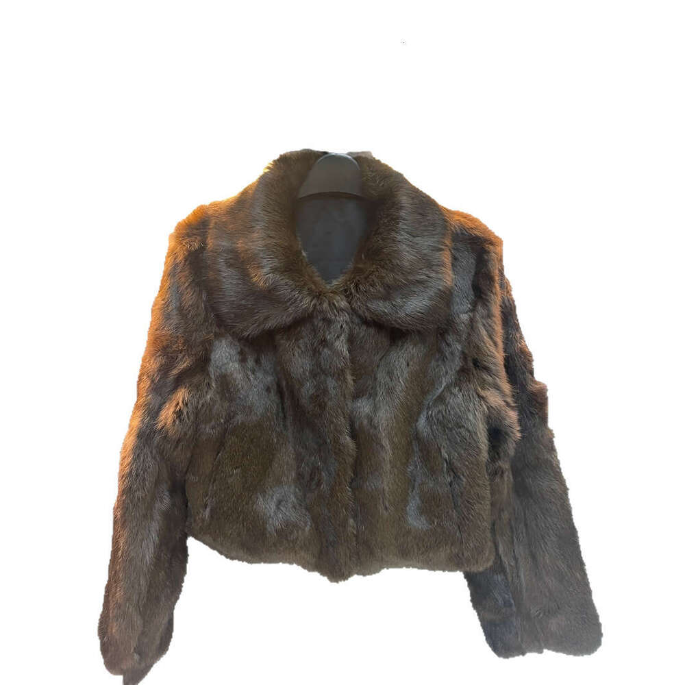Shangdong Money Coffee Color Whole Leather Rabbit Fur Coat Short Women Stand Collar Old Money Style Winter Wear