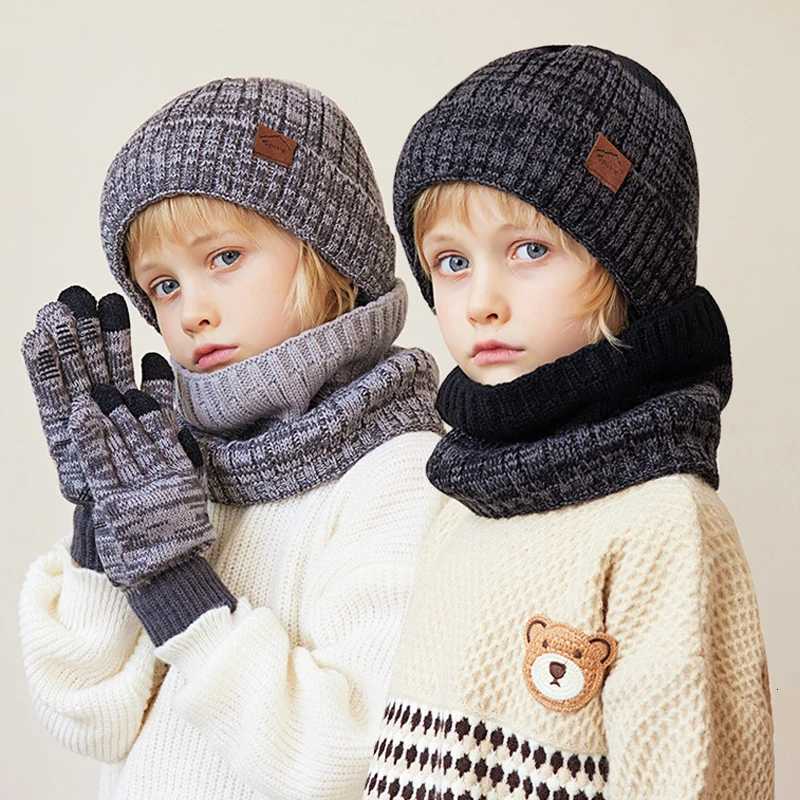 23Pcs Kids Knitted Hat Set Plush Lining Winter Children Beanie Hat Scarf Gloves Suit Child Hat Kids Cap for Boys Gift 410YL251024