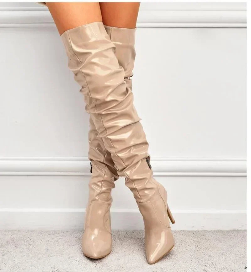 Overtheknee Boots Women Fashion Pointed Toe Black Side Zipper Thin High Heels Female Shiny Pleated High Heel Botas 2024 251023