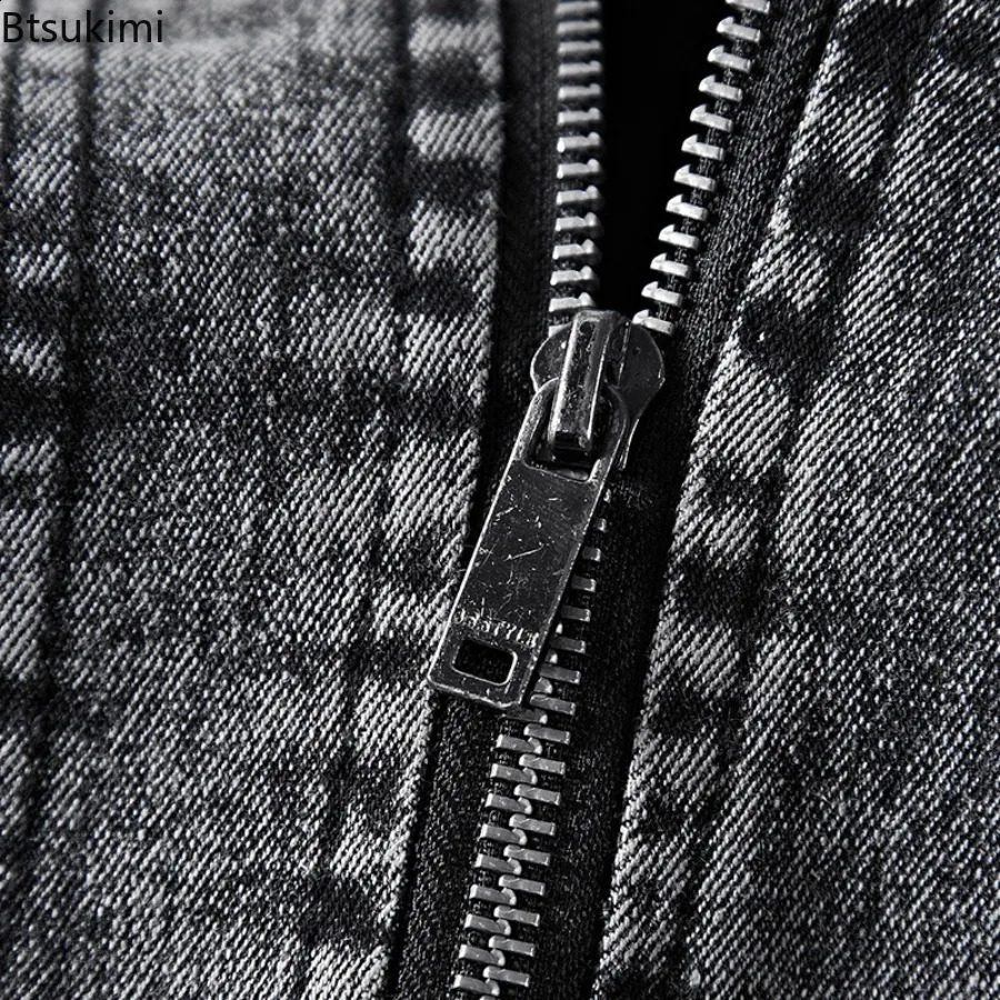 Vintage Mens Denim Jackets Fashion Stand Collar Zip Casual Jean Coats Fleece Lining Thicked Warm Autumn Winter Men Clothing 251017