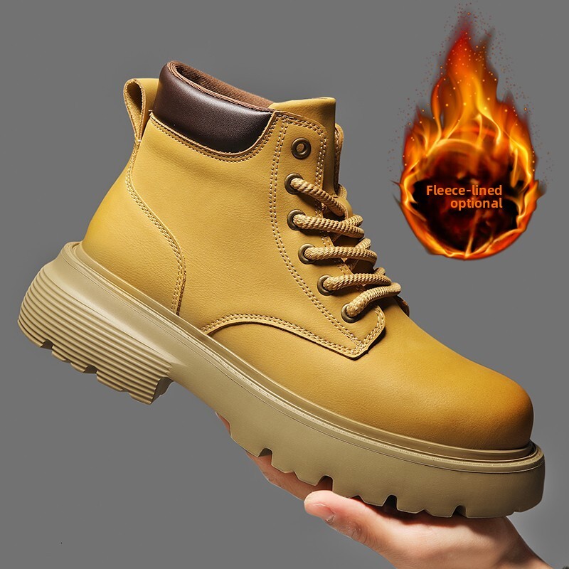 Paul Camel Men's Work Boots Autumn Winter Martin Boots High-Top Genuine Leather Yellow Footwear British Style Fleece-Lined Thick-Soled Shoes