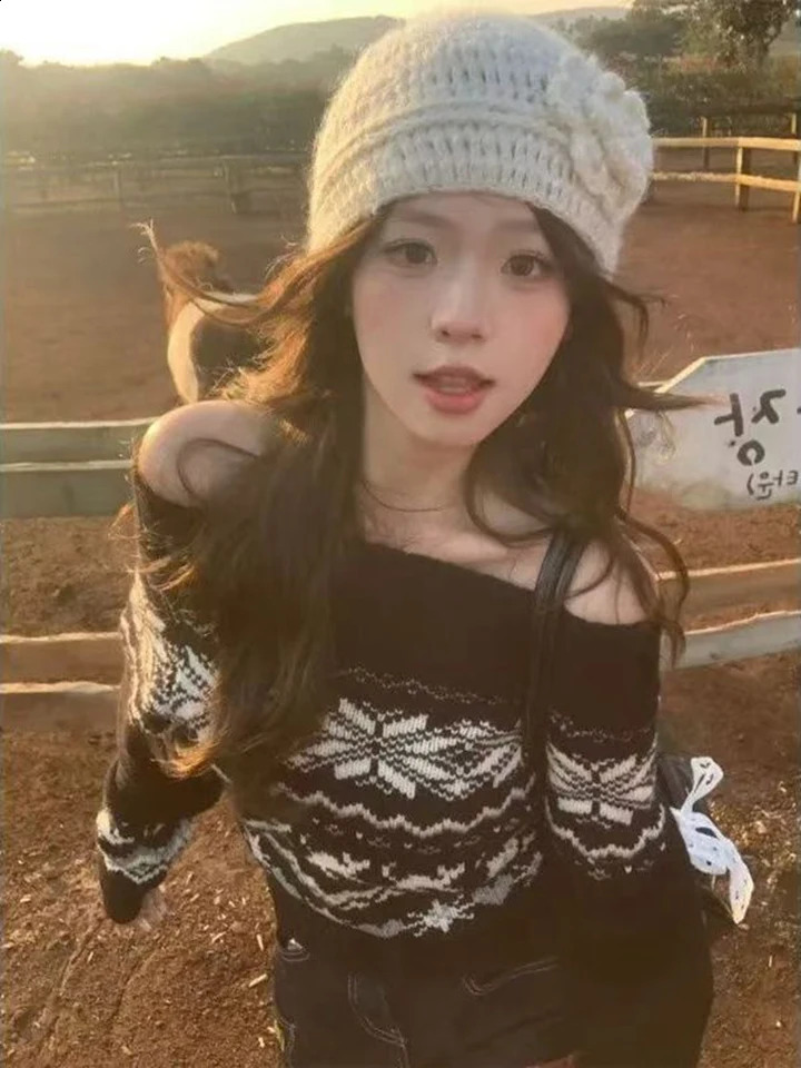 Sweet Jacquard Knit Sweater Women Slash Neck Off Shoulder Long Sleeve Pullovers Vintage Striped Print Korean Harajuku Jumpers 251023