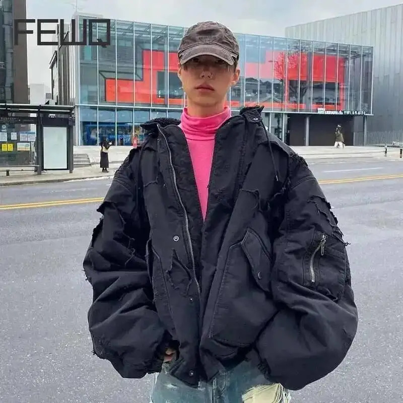 FEWQ American High Street Hooded Jacket Cotton Darkwear Solid Color Long Sleeve Male Tops Pocket 24E5366 251020