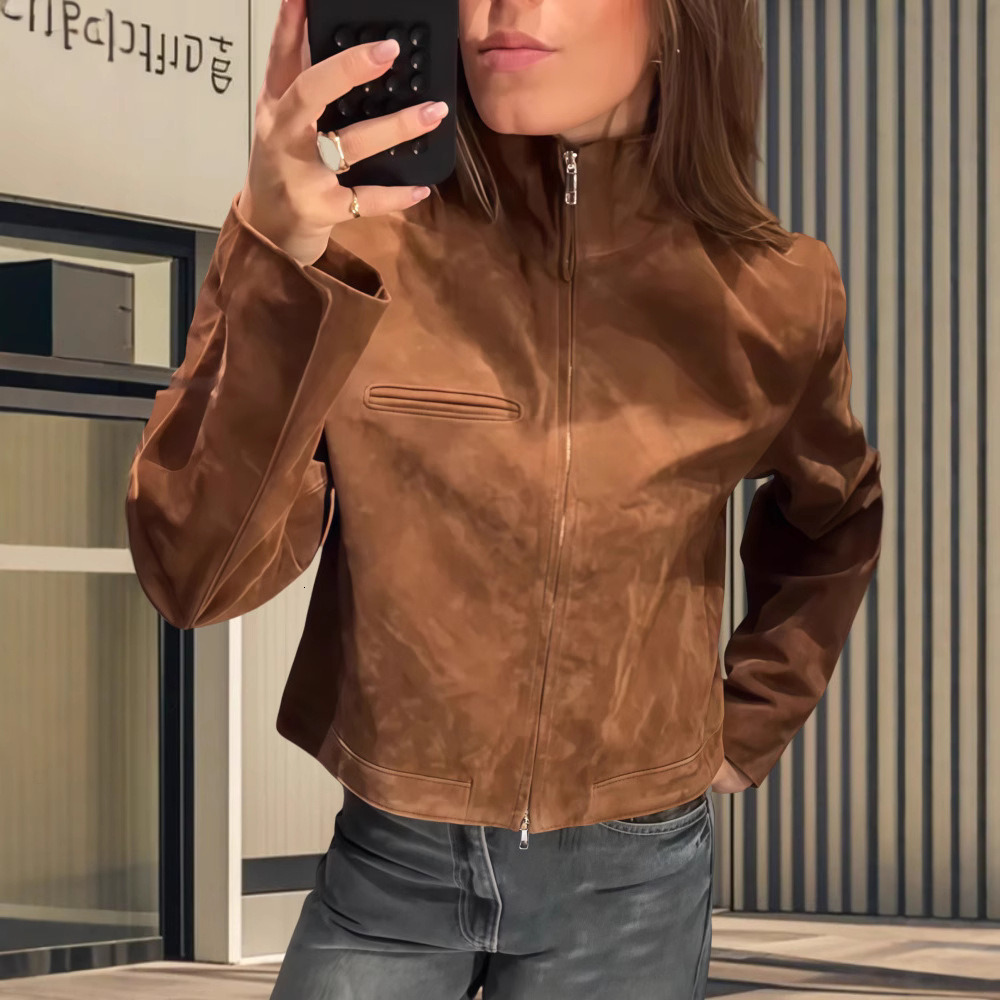 Stand Collar Suede Zipper Short Jackets Women Casual Slim Brown Long Sleeved Jacket Female Spring Chic Daily Style Outwear Tops dongdumaoyi
