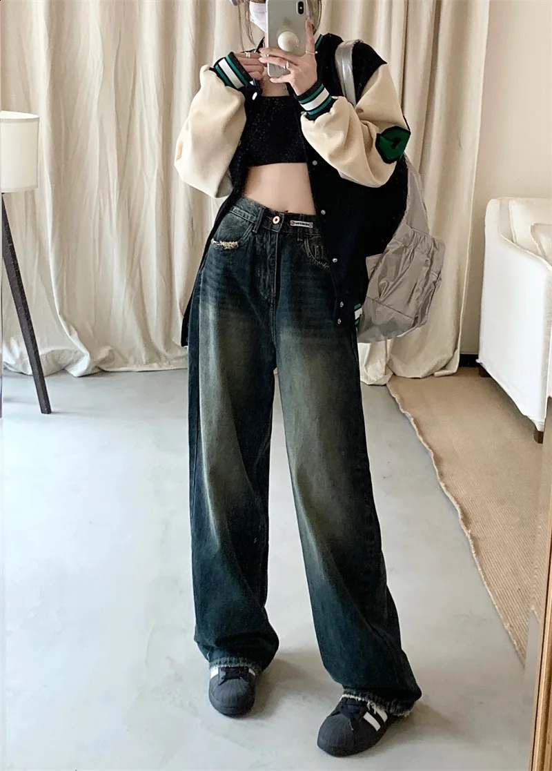 Womens Harajuku Style Loose Wide Leg Jeans Autumn Winter Street Fashion Retro Straight Loose Denim Trousers 251023