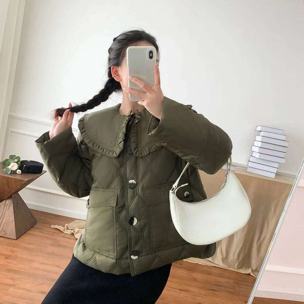Clearance Price Women New Olive Color Detachable Ruffled Quilted Lapel Jacket Thin Cotton Coat