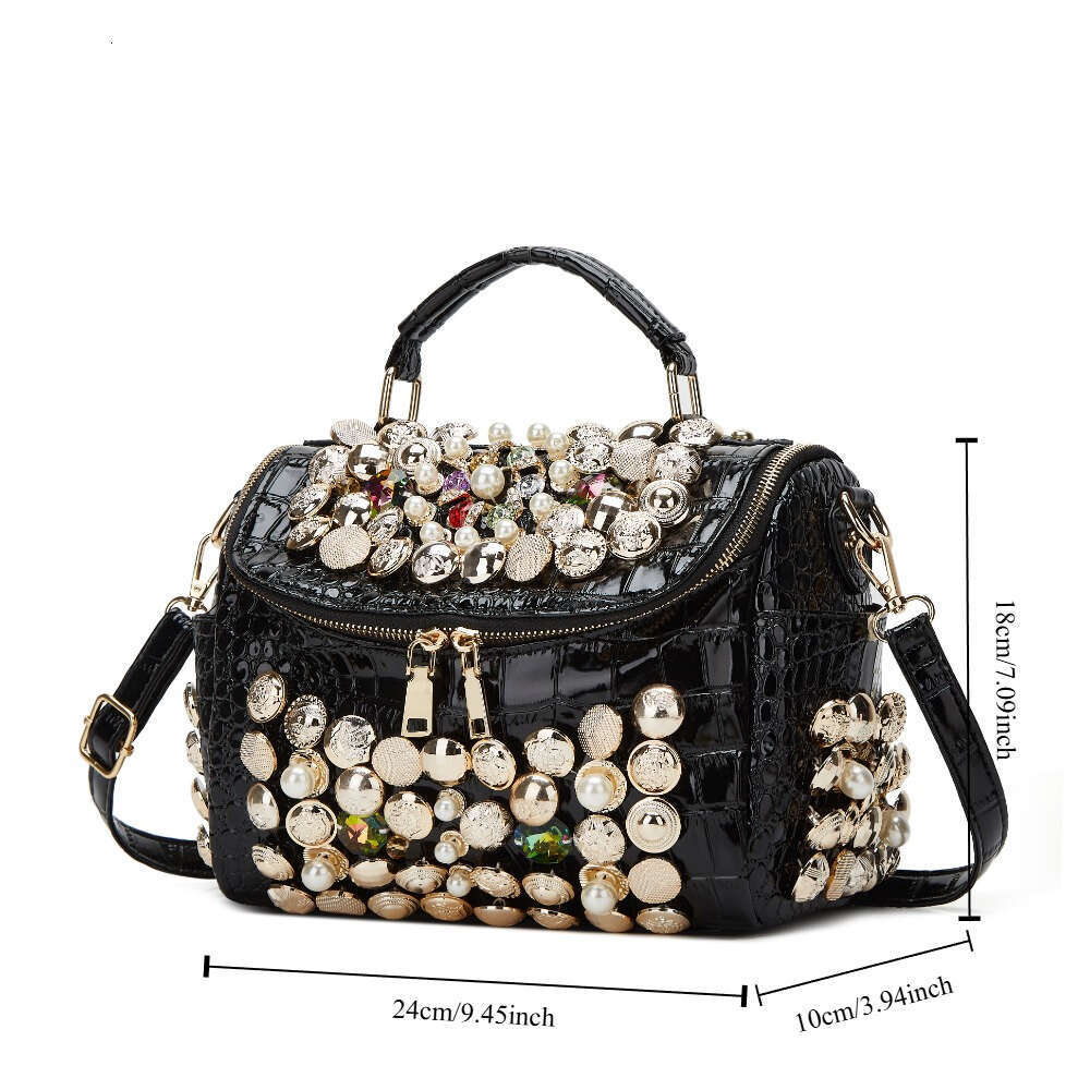 1Pc Elegant Faux Leather Evening Clutch Bag With Rhinestone Embellishments, Zipper Closure, Removable Strap, Polyester Lining - Women's Fashion H
