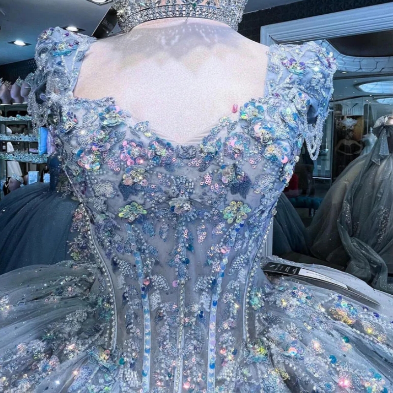 Blue Shiny Quinceanera Dresses Girls Off Shoulder Luxury Tassel Sweet 15 16 Prom Dress Glitter Gold Beaded Ball Gown