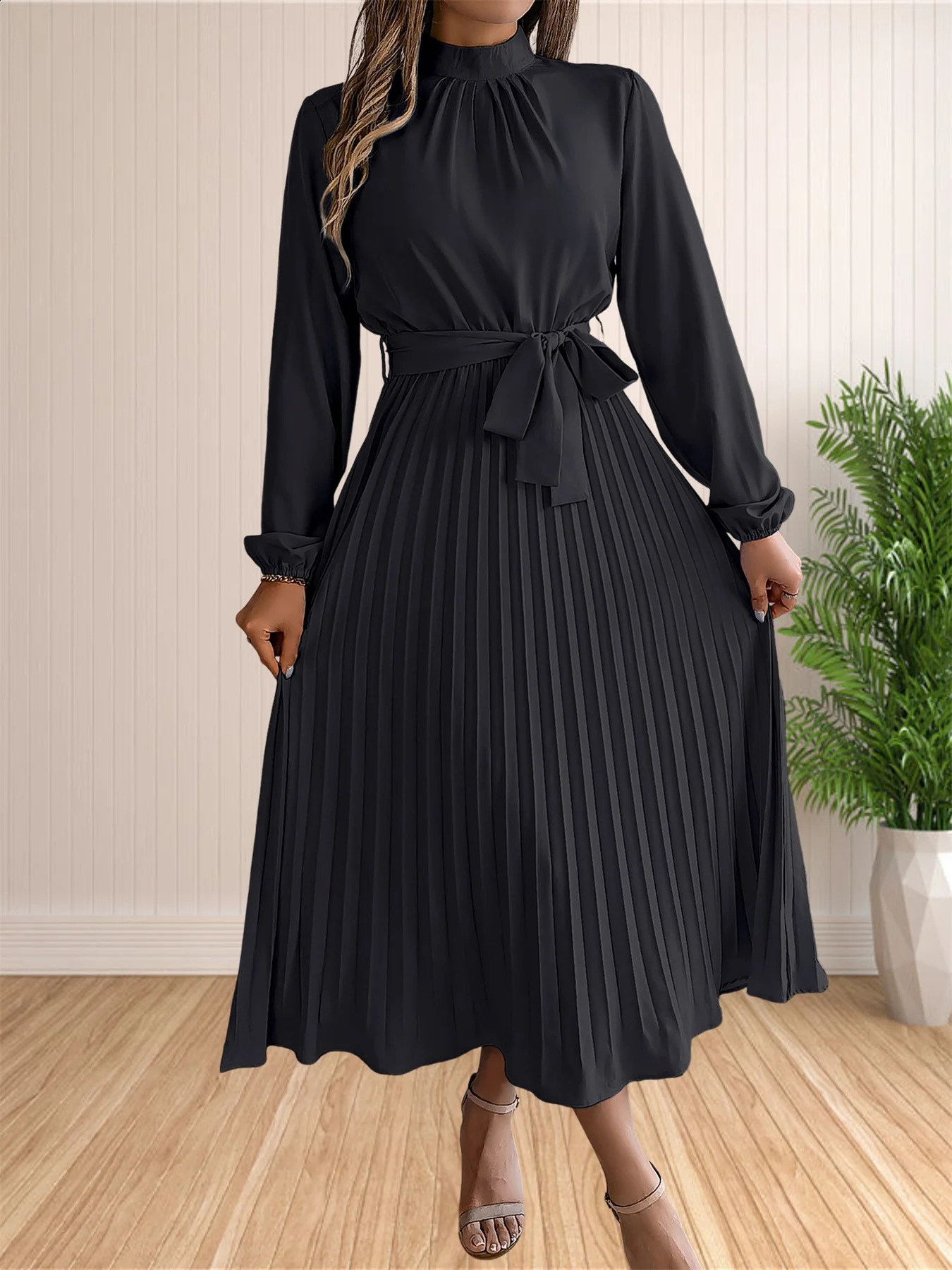 Womens Long Dresses Summer Elegant Pleated Long Sleeveed Lace Up Dresses Beach Boho Wrap Ruffle Hem Swing Sundress 251023