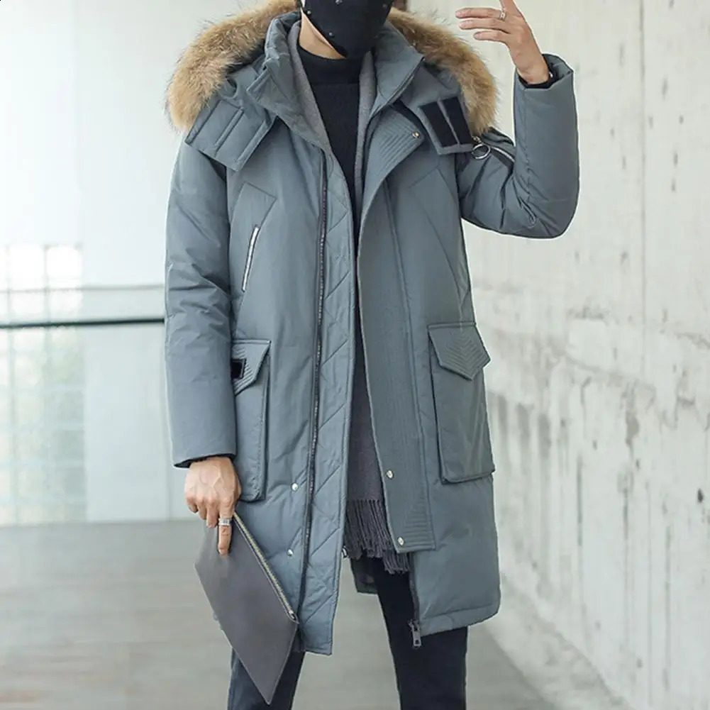 Men Hooded Winter Jacket Mens Fur Collar Hooded Down Jacket with Pockets Long Sleeve Winter Coat for Cold Weather Thickened 251020