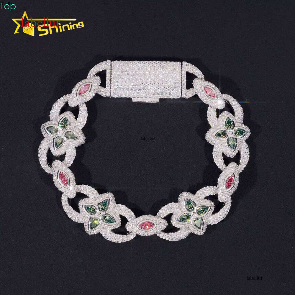 New Arrivals Iced Out Pink Blue Green Marquise Hip Hop Infinity Flower Style Sliver VVS Moissanite Bracelet Men Women