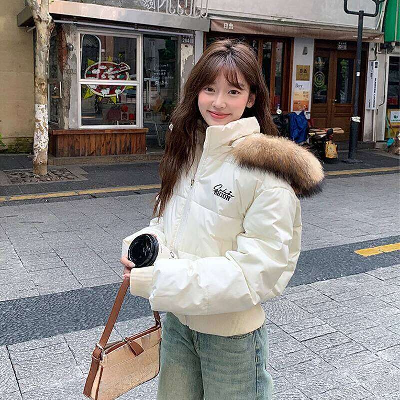 Winter Korean Street Fur Hooded Jacket Women Fashion All Match Puffer Down Cotton Parka Coat Cotton-Padded Cropped Parkas