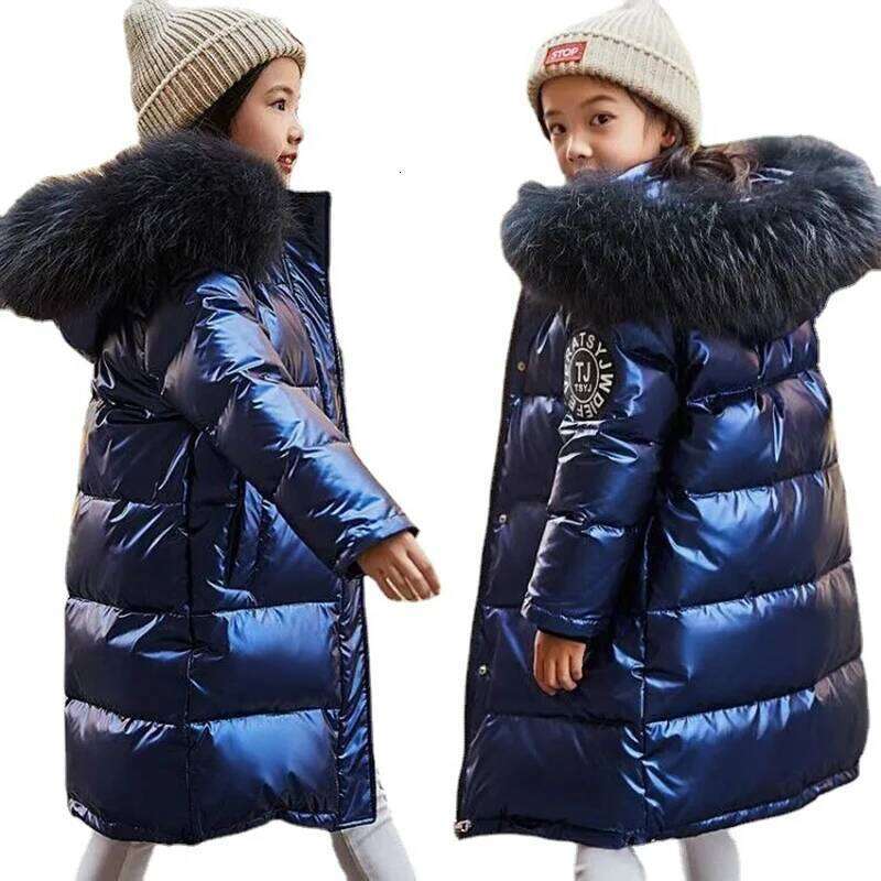 Winter Kids Down Jacket Teen Boy Girls Glossy Fabric Fur Collar Hooded Warm Parka Snowsuit Children Cotton Padded Clothing
