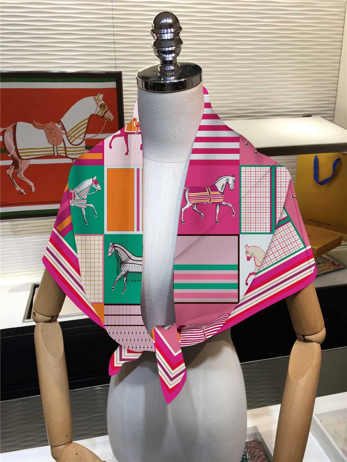 90cm Classic Checkered Horse Brand Square Scarf Women Twill Silk Scarf Shawl Hijab Luxury Bandana Foulard Neckerchief Head Scarf C251024