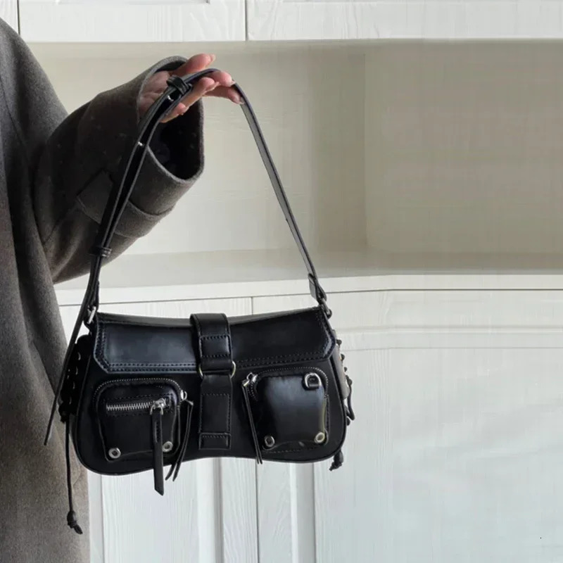 Women Black Grunge Shoulder Bag Korean Pu Leather Y2k Handbag Gothic Underarm Bags Aesthetic Punk Wallet Purse Motor Style 2024 251023