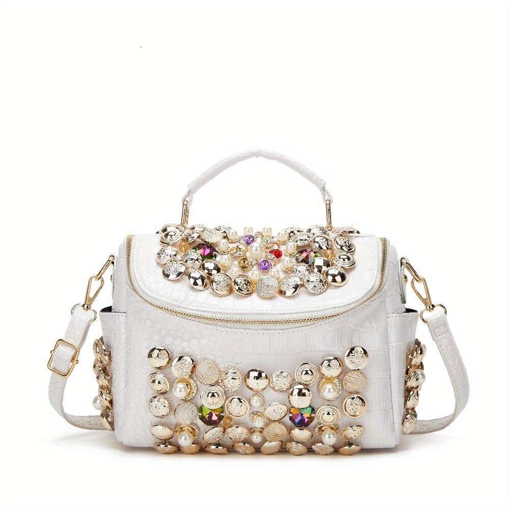1Pc Elegant Faux Leather Evening Clutch Bag With Rhinestone Embellishments, Zipper Closure, Removable Strap, Polyester Lining - Women's Fashion H