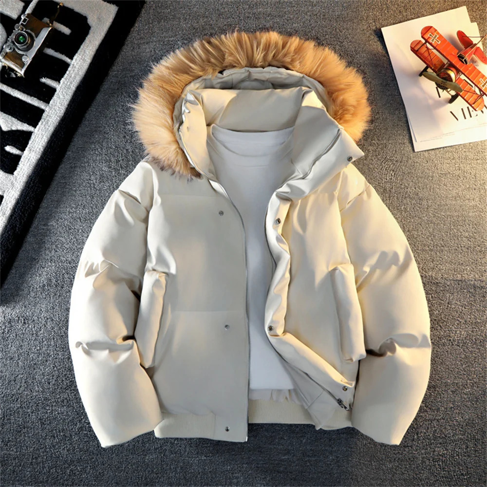 Mens Fur Collar Soft Leather Parkas Winter Down Puffer Overcoat Men Windproof Padded Coat Streetwear Mens Outdoor Parka Jacket 251020