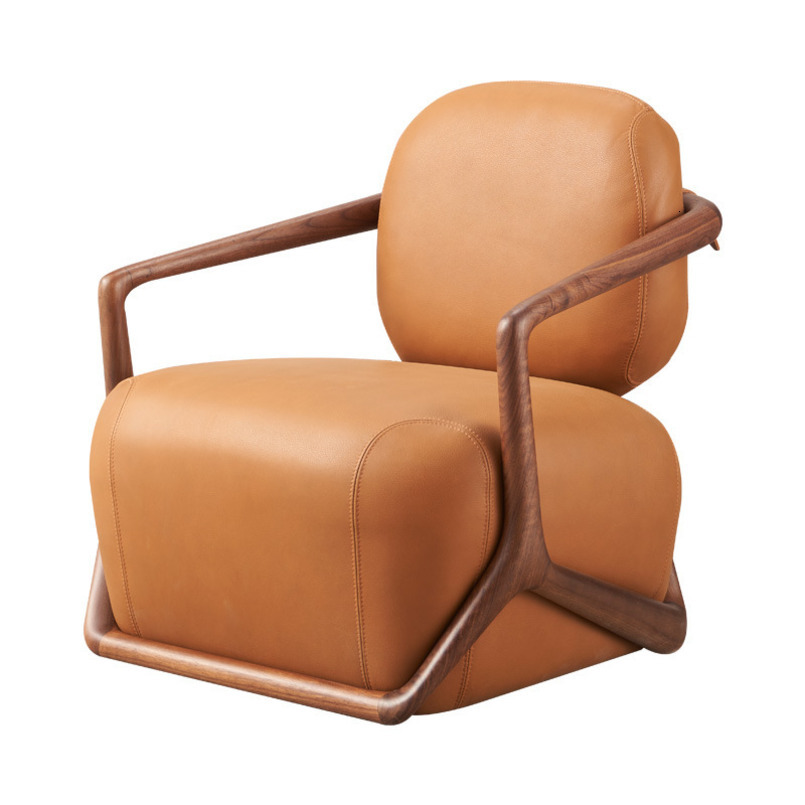 Customizable Black Walnut & Top Grain Leather Leisure Chair for Living Room Single Seat Salon Reception