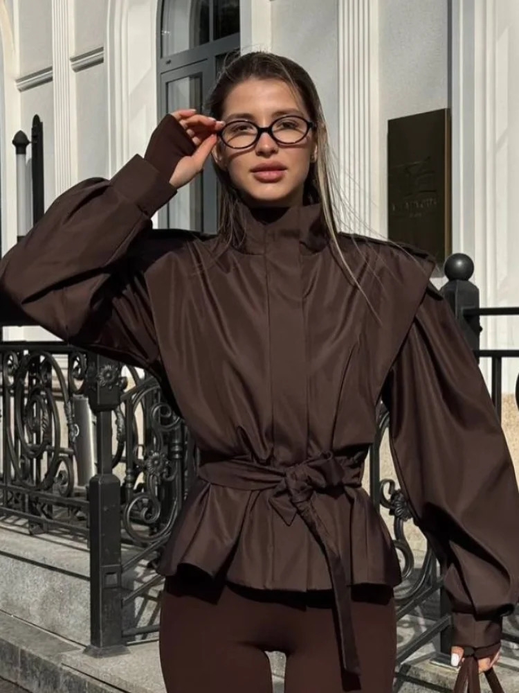 Women Broad Shoulder Belt Cropped Trench Fashion Lapel Long Sleeve Zipper Button Jacket Autumn Lady Street Windbreaker 251021