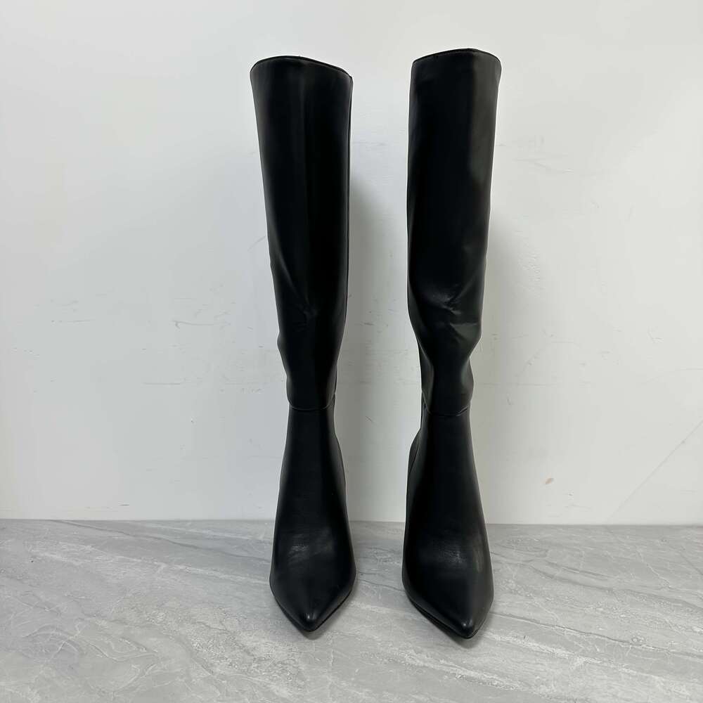 Women's Black Pointed Toe Chunky Knee-High Boots - Slip-On Faux Cover Party & Evening Gown With Ankle Strap, Ultra-High Heel For Winter Events, F