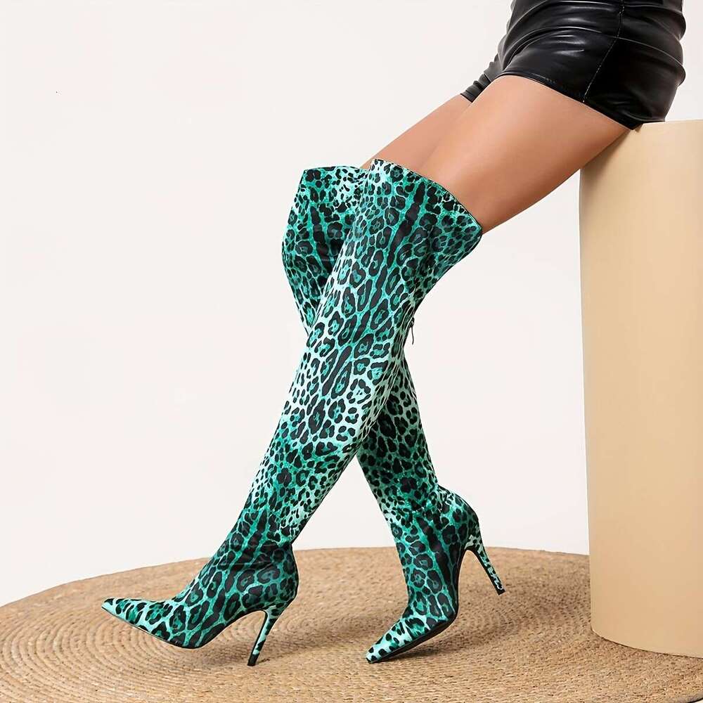 Winter Leopard Print Women's Knee High Heels