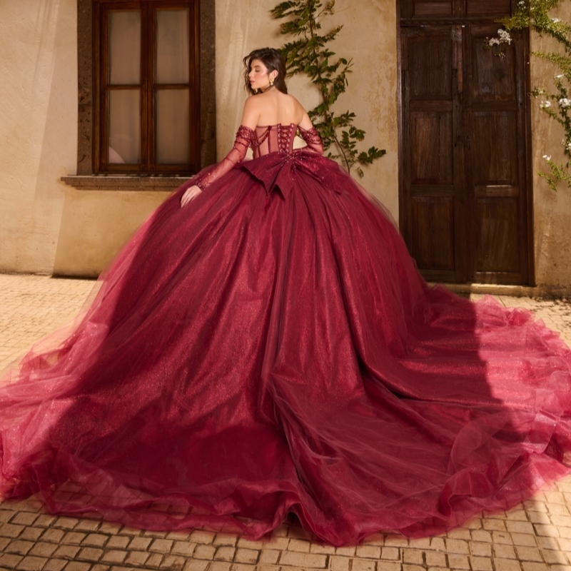 Red Shiny Quinceanera Dresses Ball Gown Off The Shoulder Beading Crystal Bow Corset Tull Party Birthday Sweet 16 Dress Vestidos 15 De Anos