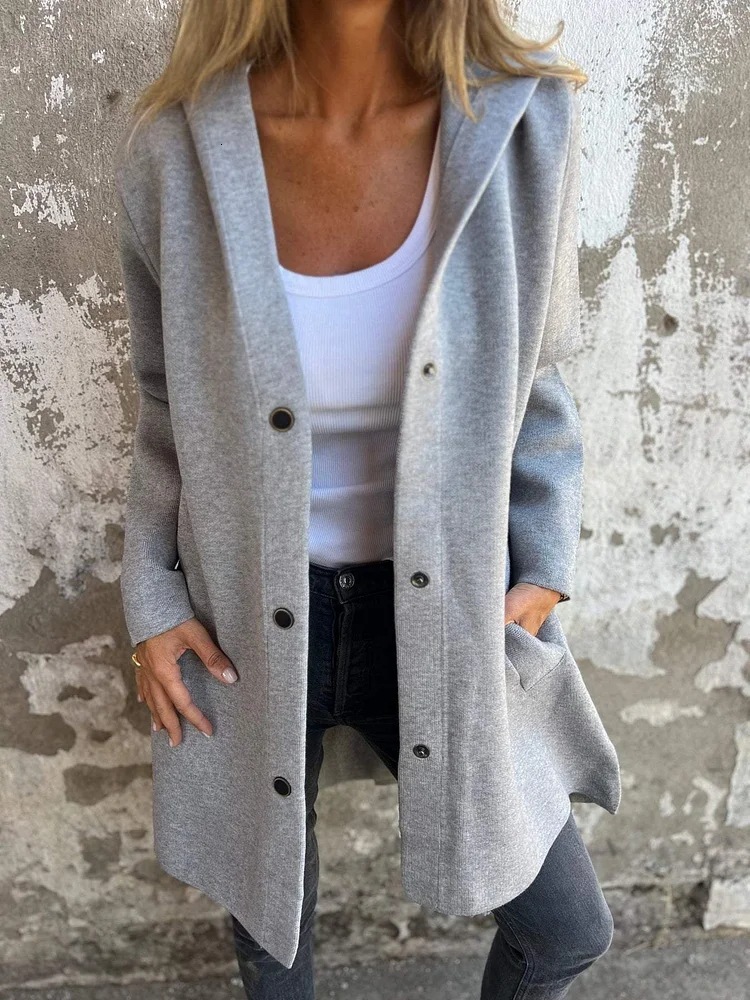2025 Autumn Winter Solid Color Casual Single-Breasted Hooded Jacket Coat