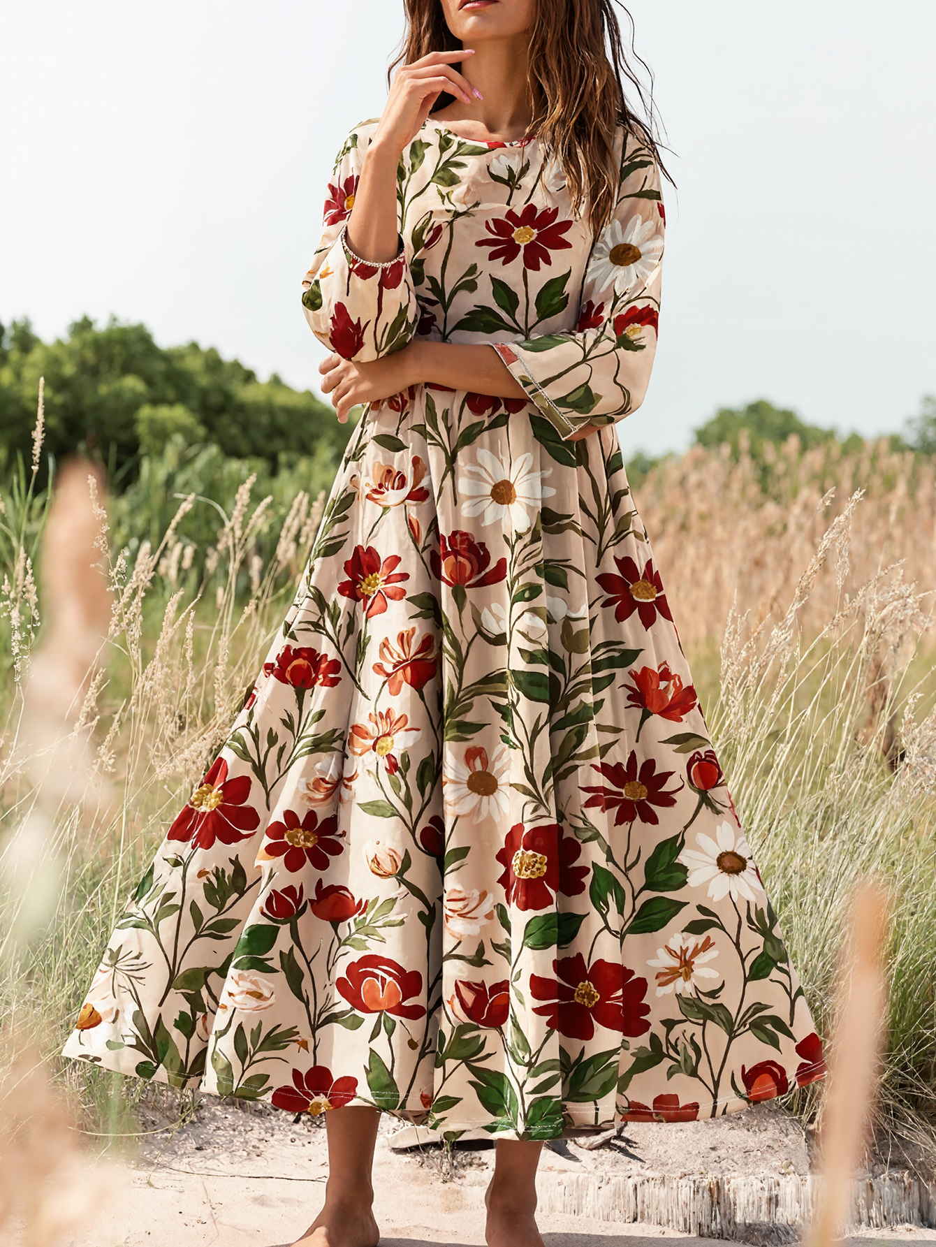 Autumn New Women's Floral Printed Elegant Half-Sleeve Midi Dress, Milk Silk Fashion Mom Dress, S-XXL Floral--CF50928