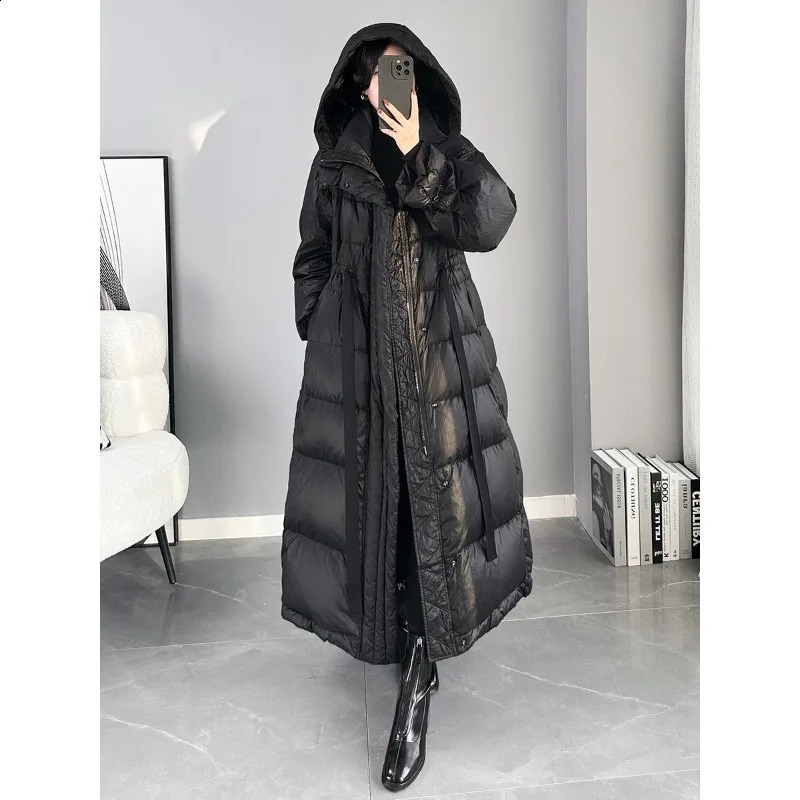 Super Long Warm Thickened Down Jacket Temperament Womens Clothing Hooded Foreign Style White Duck Coat 251018