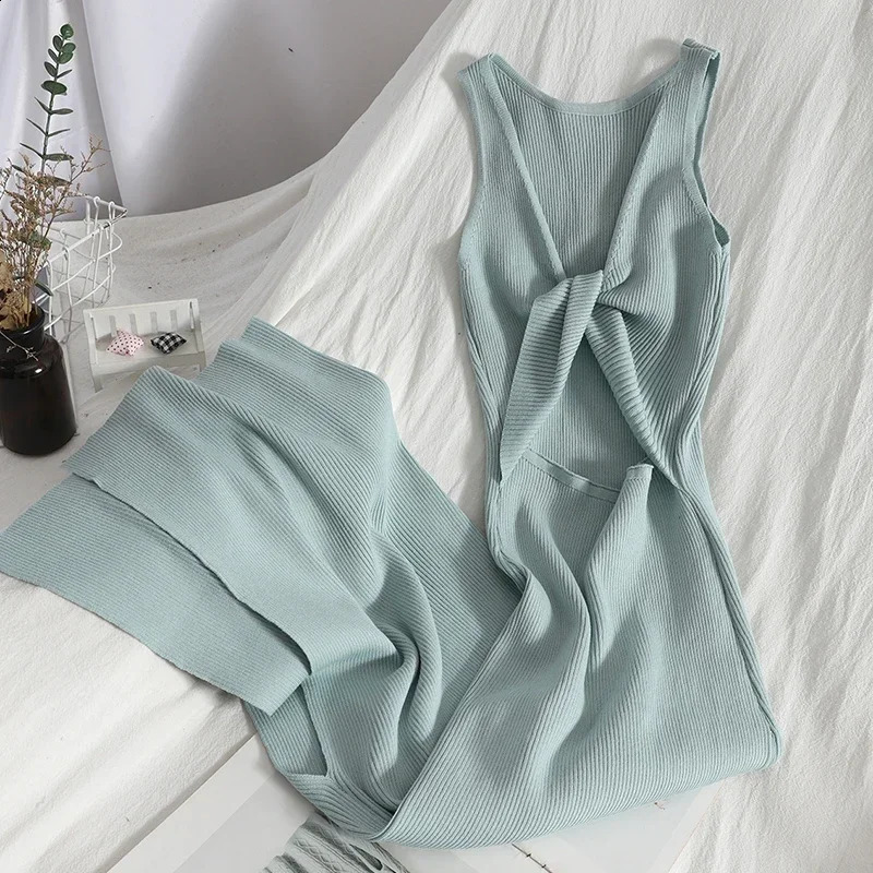 OCEANLOVE Korean Knitted Robe Femme Summer V Neck Sleeveless Kink Hollow Out Sexy Slim Bodycon Dress Split Fork Long Vestidos 251023