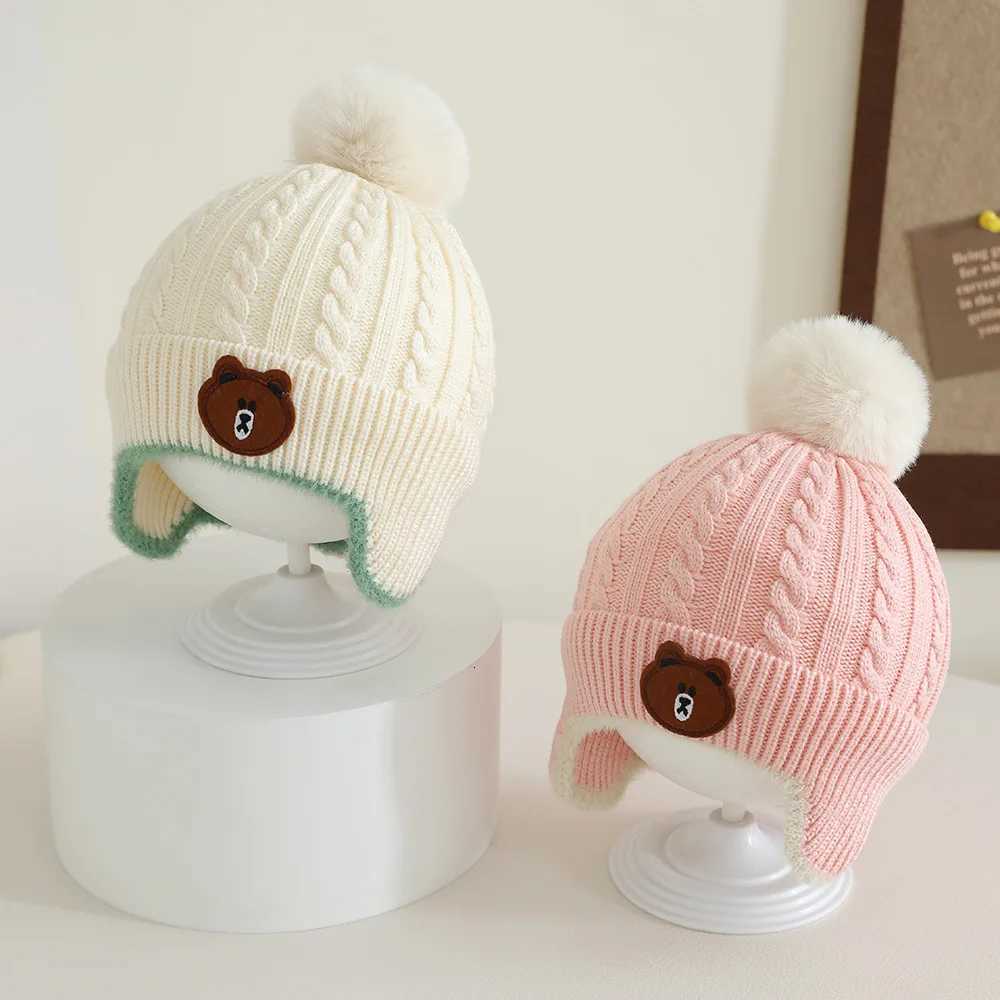 New Autumn Winter Knitted Baby Hat for Girls Boys Toddler Bear Pompom Hat with Earmuffs Outdoor Warm Ear Protection Hat for KidsL251024