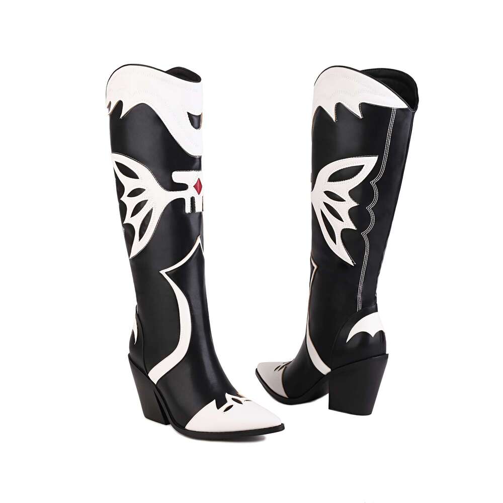 1Pr Women's Western Cowboy - Casual Geometric Pattern, Pointed Toe, Block Heel, Slip-On Knee-High Boots With Rubber Sole, PU Upper & Superfine Fi