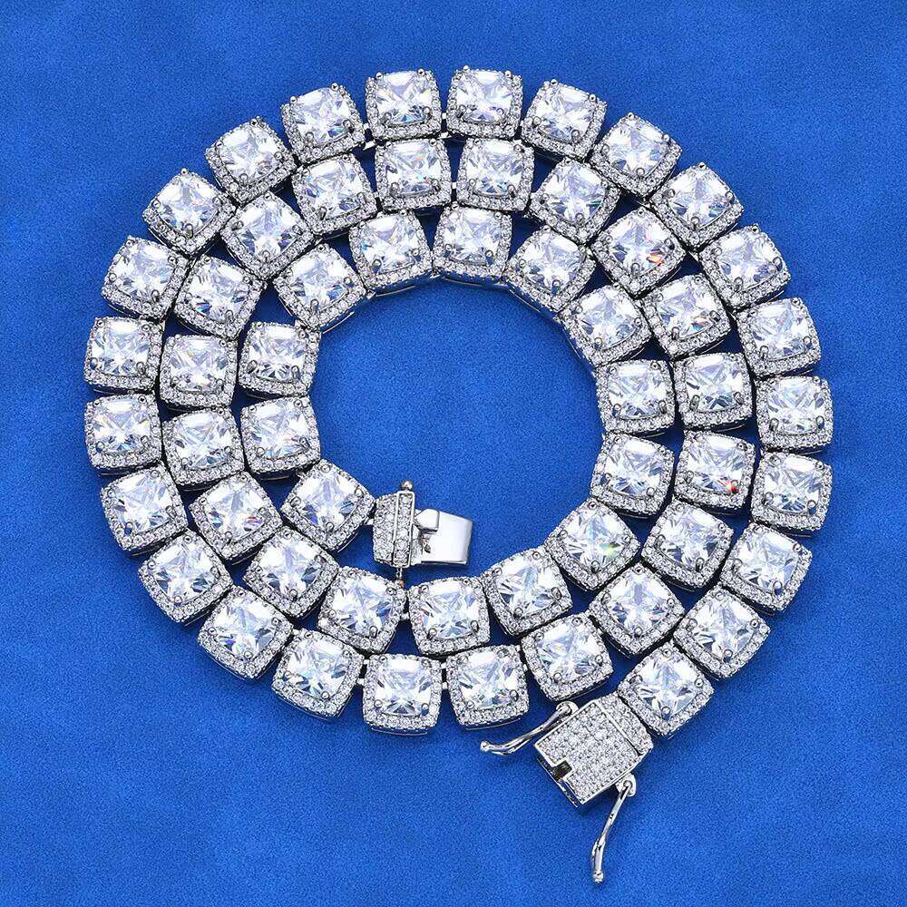 Pass 100% diamond test10mm Rock Candy Chain S Sier Hip Hop Square Sand Stone Men's Necklace Gold Plated