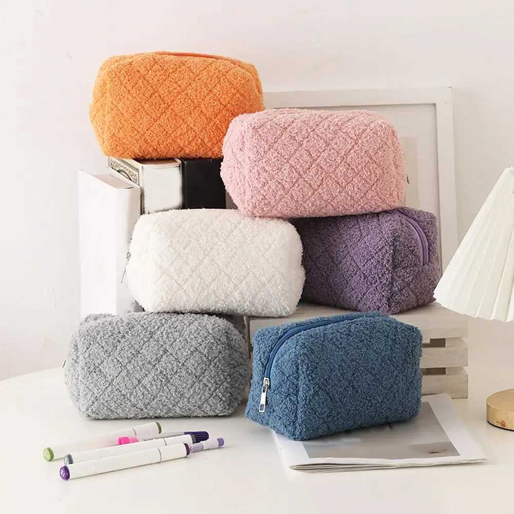 Cute Plush Cosmetic Bag Solid Color Simple Soft Large capacity Makeup Storage Bag Daily Travel Cosmetic BagT251024